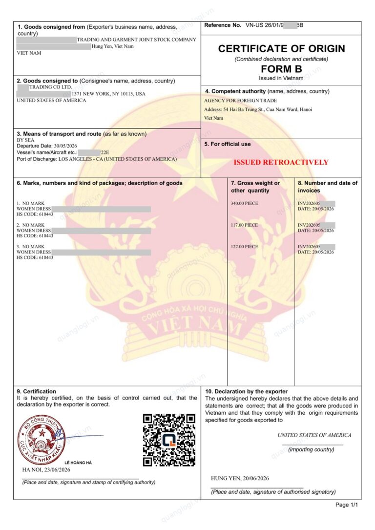 C/O mẫu B Việt Nam cấp sau, ô 5 ghi ISSUED RETROACTIVELY: váy nữ xuất khẩu sang Hoa Kỳ