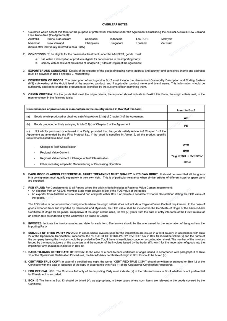 Mặt sau C/O mẫu AANZ (form AANZ) Việt Nam: ghi chú cách khai và bảng tiêu chí xuất xứ WO, PE, CTC, RVC