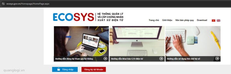 eCoSys系统(ecosys.gov.vn):D、AK、VK电子原产地证申报 eCoSys系统首页(ecosys.gov.vn,越南语界面),用于申报D、AK、VK电子原产地证,页面设有登录和注册账户按钮